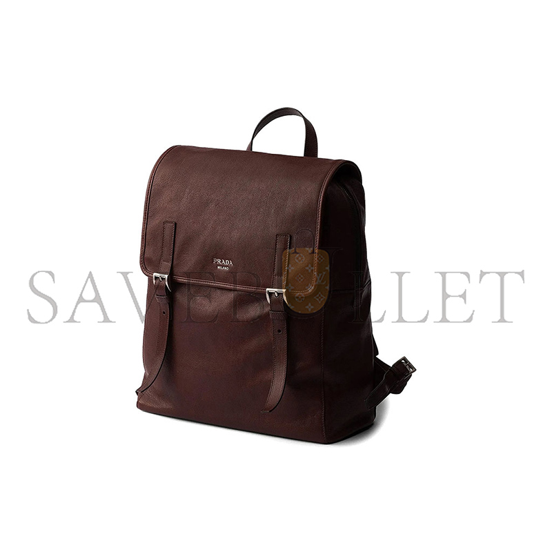 Pra*a BROWN BUCKLED LEATHER BACKPACK 2VZ119 (38*32*12cm)